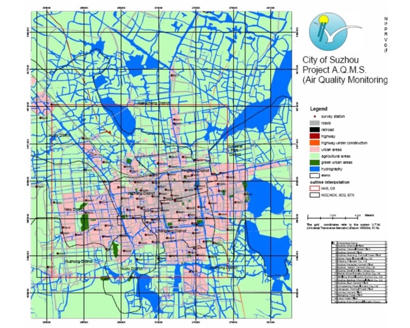 2003年苏州空气质量监测项目调查站点分布图(GIS,约100个采样点)